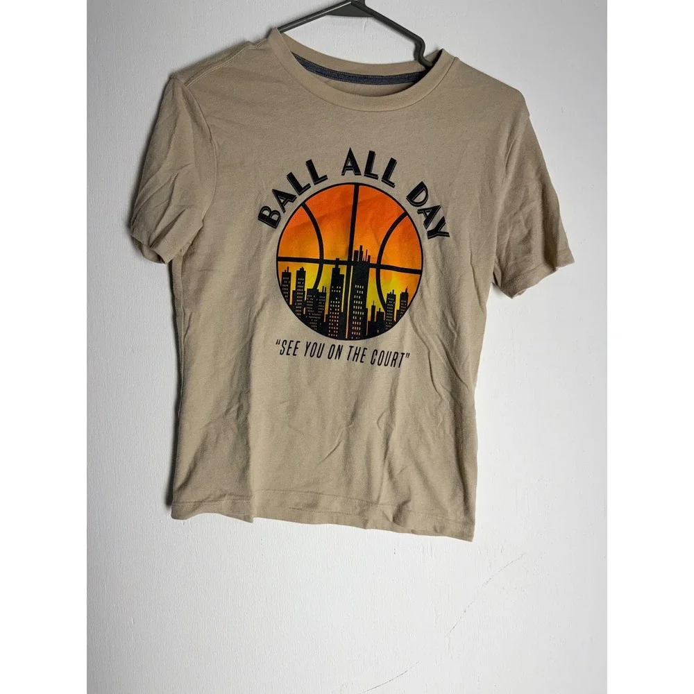 Old Navy Boys Tan Ball All Day Basketball Graphic Tee Shirt Size L 10-12 Khaki